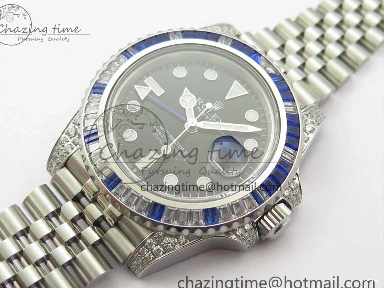 MiroTime 0401 GMT-Master II White Blue Diamonds Bezel 904L Steel GMF Best Edition Black Dial On Jubilee Bracelet SA3285 CHS V Original 2579